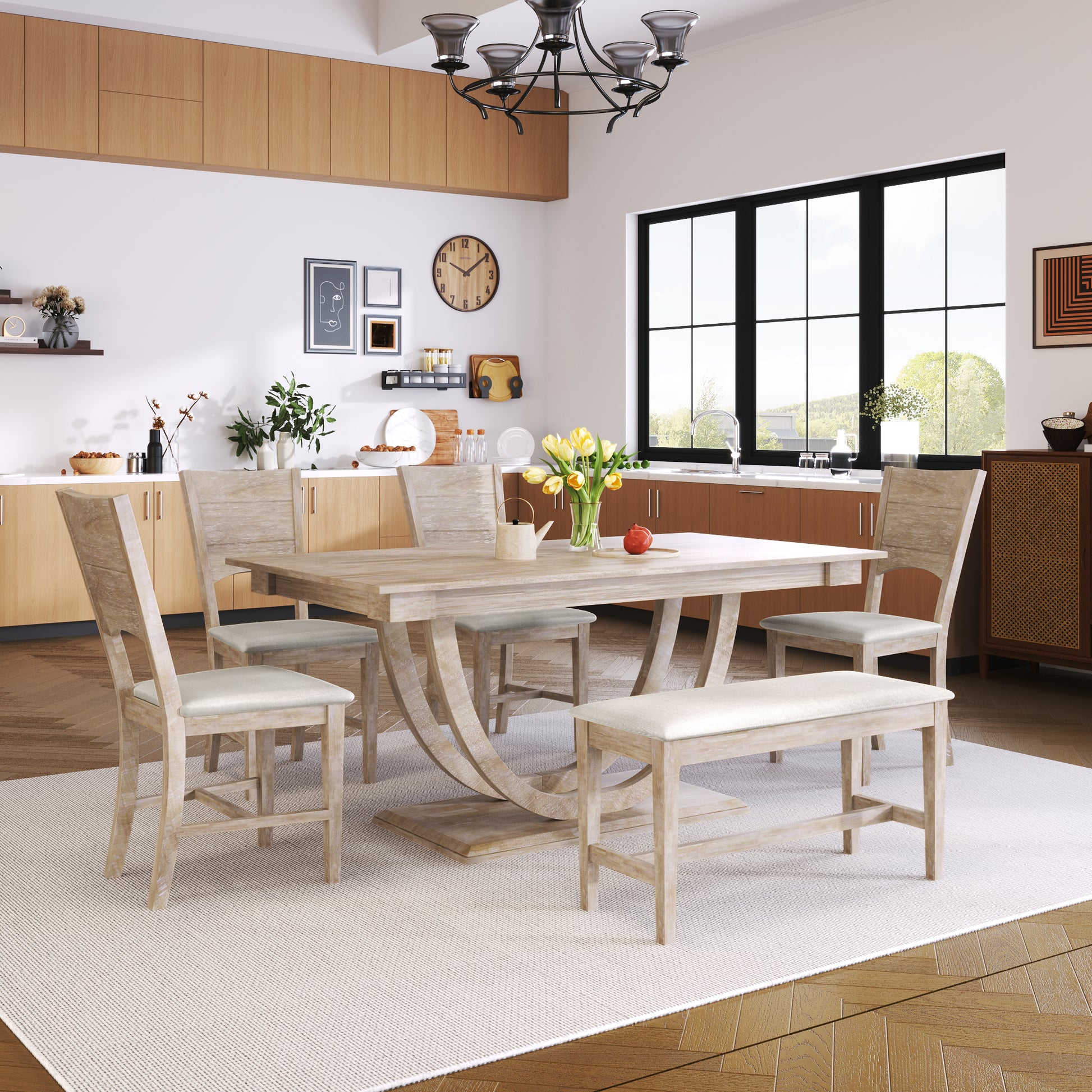 6 Piece Wood Half Round Dining Table Set Kitchen Table Set With Long Bench And 4 Dining Chairs, Modern Style, Natural Wood Dining Room Bench Seating Rubberwood Rectangular Dining Table With Chair