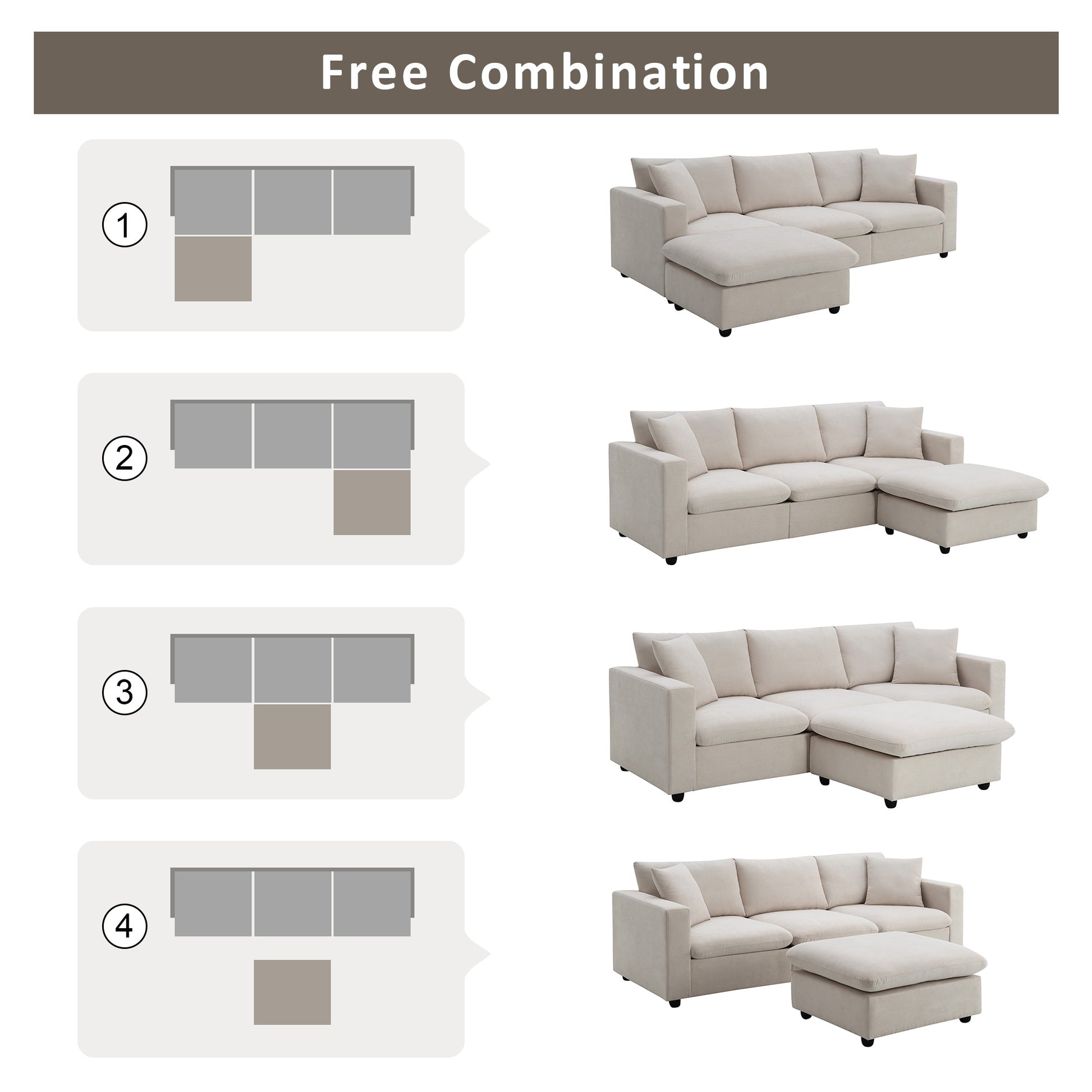 100.4*64.6" Modern Sectional Sofa,L Shaped Couch Set With 2 Free Pillows,4 Seat Polyester Fabric Couch Set With Convertible Ottoman For Living Room, Apartment, Office,4 Colors Beige Polyester 3 Seat