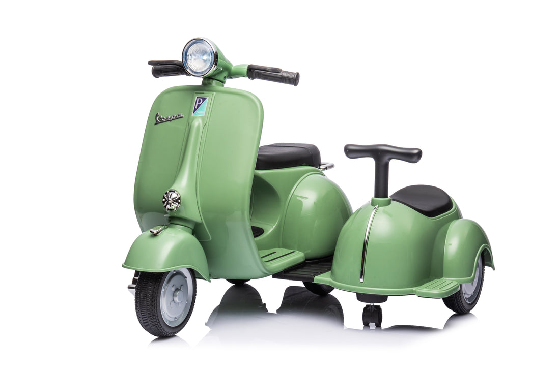 6V Licensed Vespa Scooter Motorcycle With Side Car For Kids, Green Green Under 50 Lbs Chrome