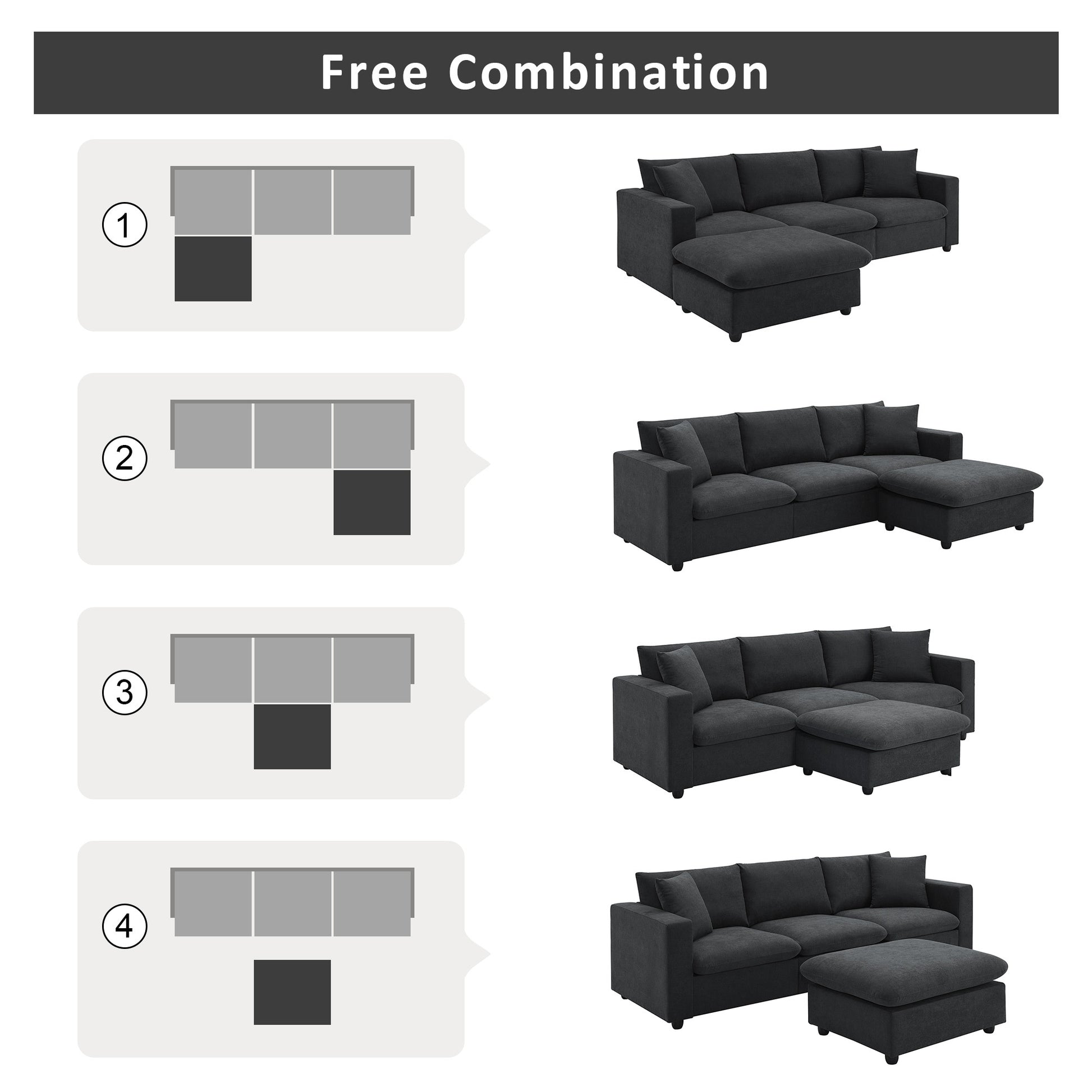 100.4*64.6" Modern Sectional Sofa,L Shaped Couch Set With 2 Free Pillows,4 Seat Polyester Fabric Couch Set With Convertible Ottoman For Living Room, Apartment, Office,4 Colors Black Polyester 3 Seat