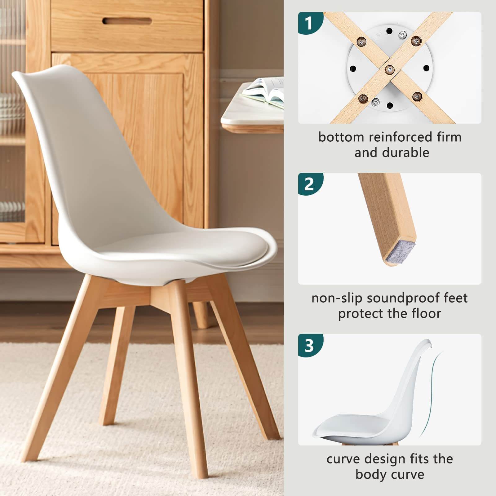 Pu Leather Upholstered Dining Chairs With Wood Legs, Set Of 4 For Kitchen, White White Wood