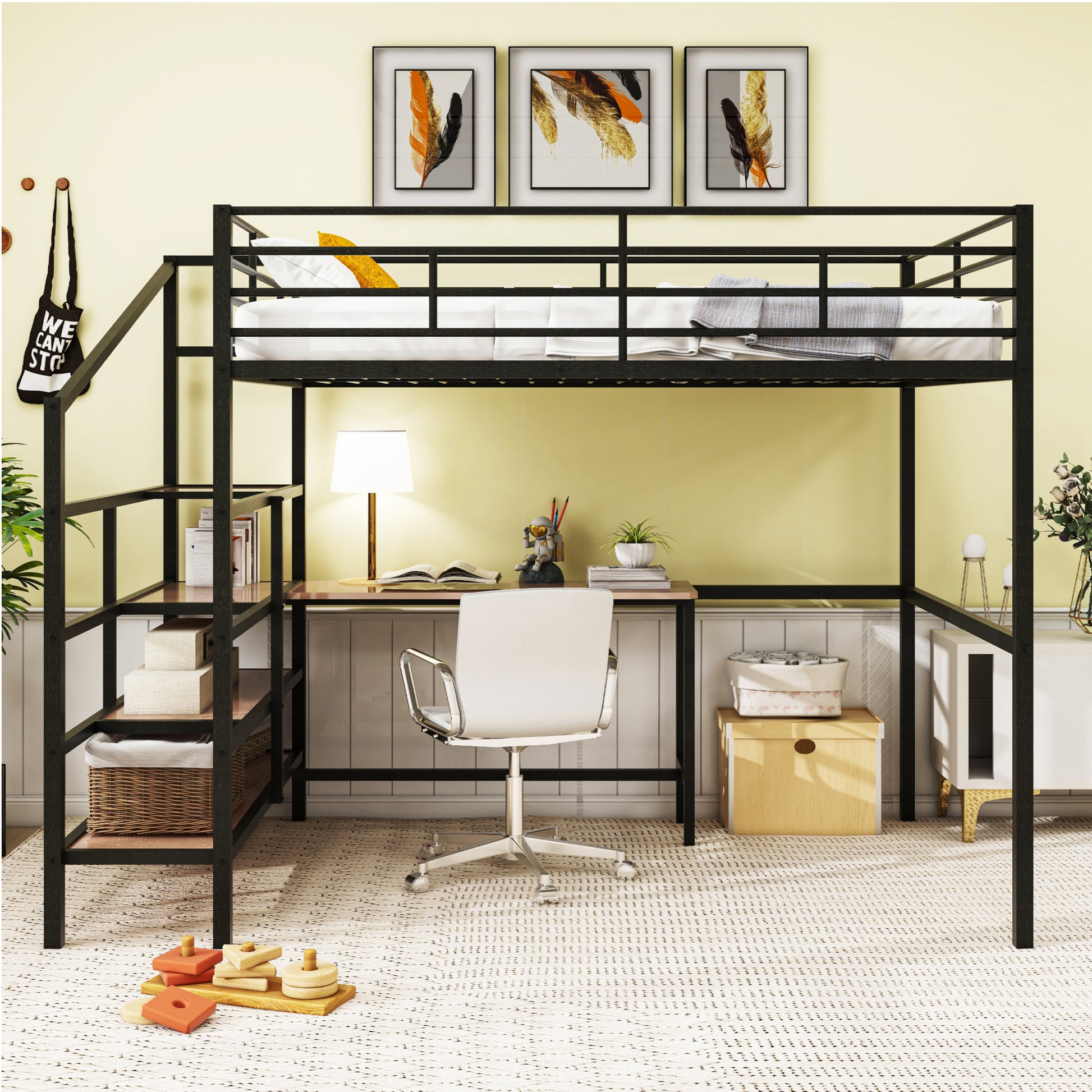 Full Size Metal Loft Bed With Desk And Lateral Storage Ladder, Black Black Metal