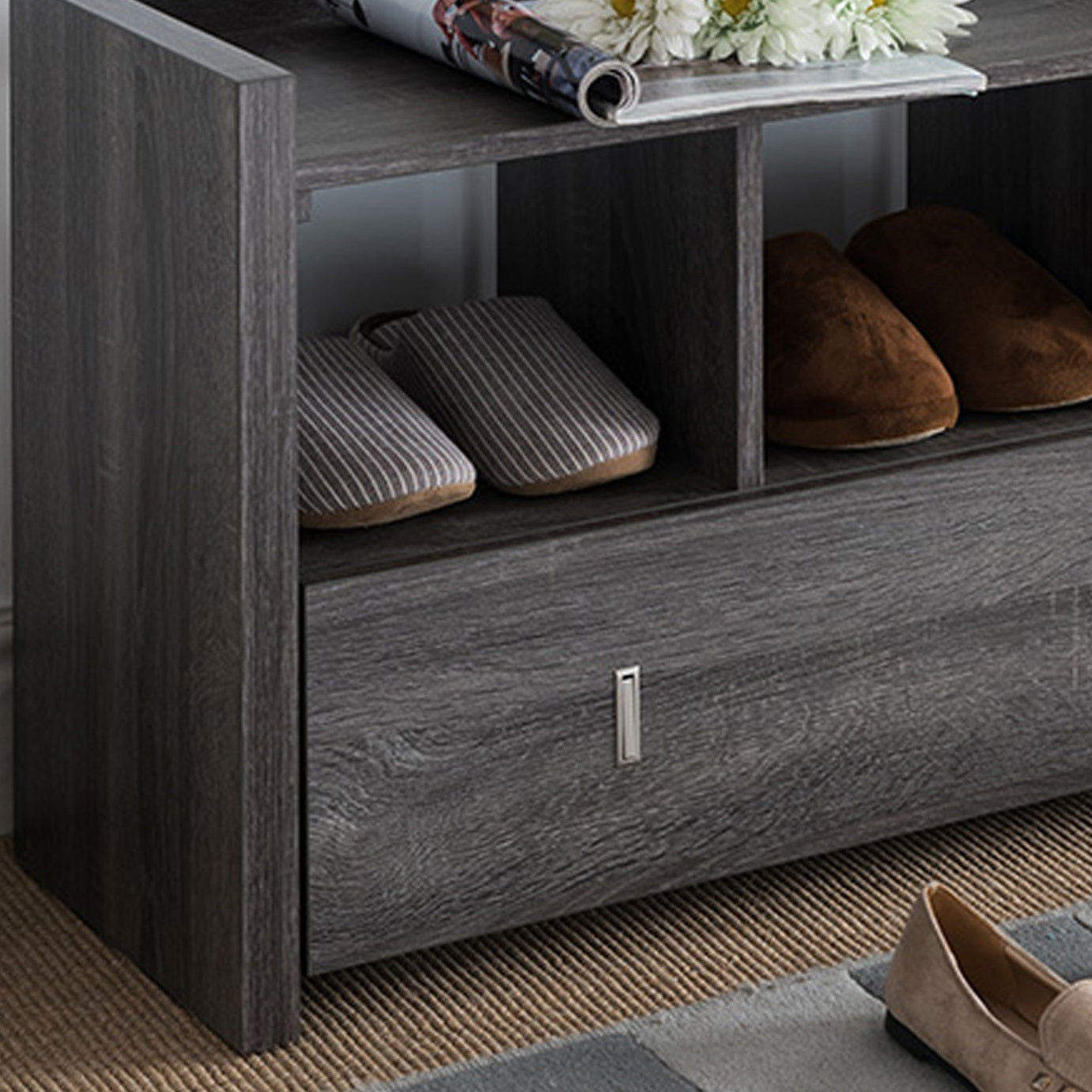 Shoe Entry Bench With Three Shelves, One Drawer With Divided Compartment Distressed Grey Grey Particle Board