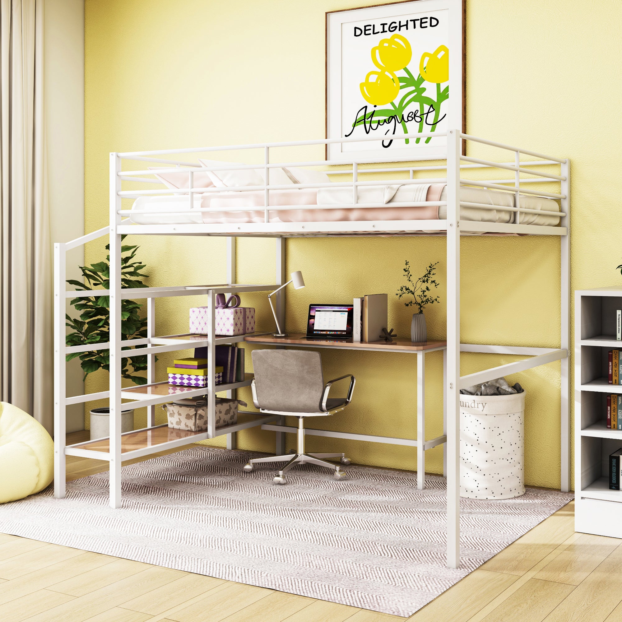 Full Size Metal Loft Bed With Desk And Lateral Storage Ladder, White White Metal