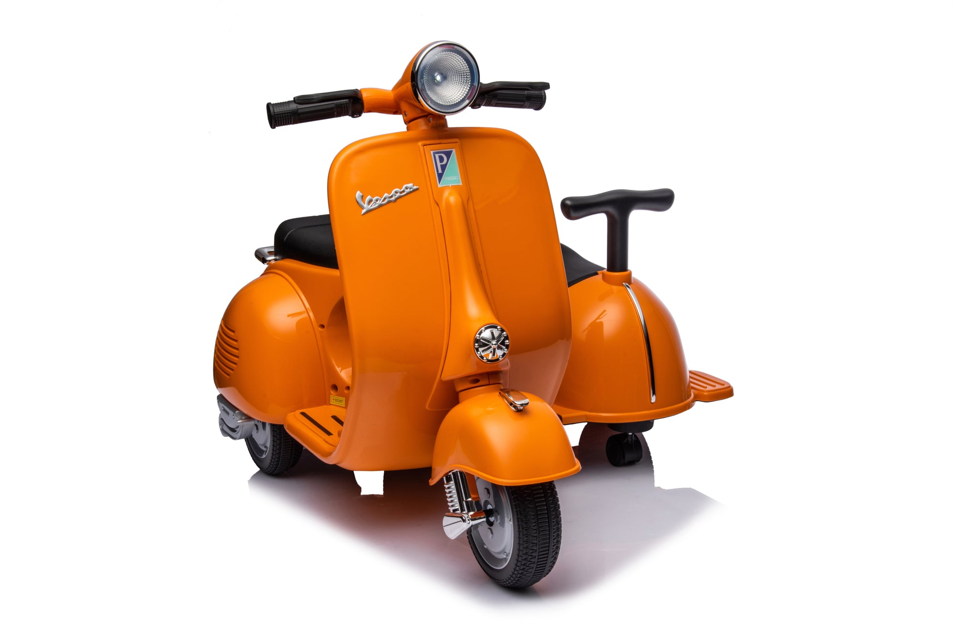 6V Licensed Vespa Scooter Motorcycle With Side Car For Kids, Orange Orange Chrome