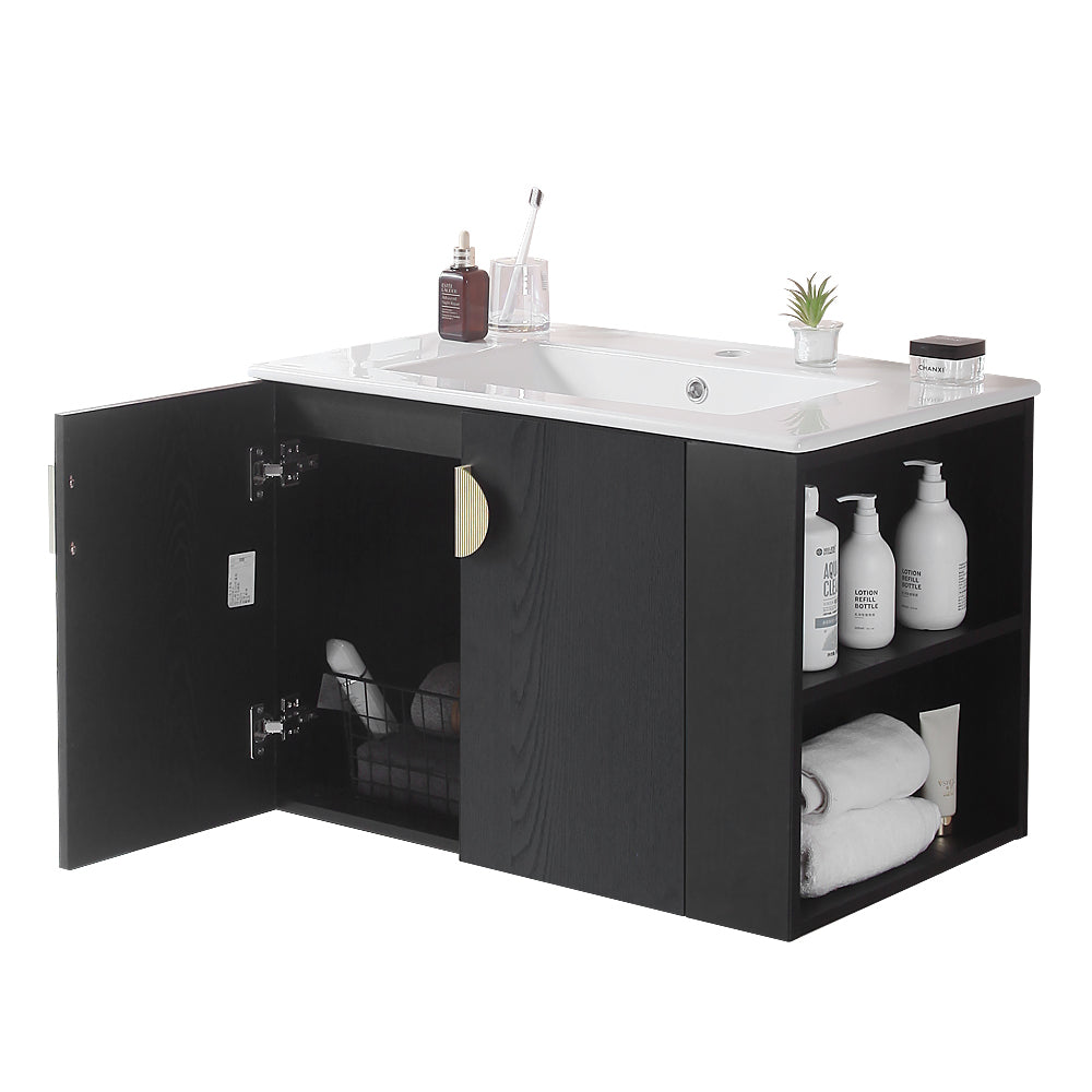 30" Bathroom Vanity With Sink,With Two Doors Cabinet Bathroom Vanity Set With Side Right Open Storage Shelf,Solid Wood,Excluding Faucets,Black Black Solid Wood