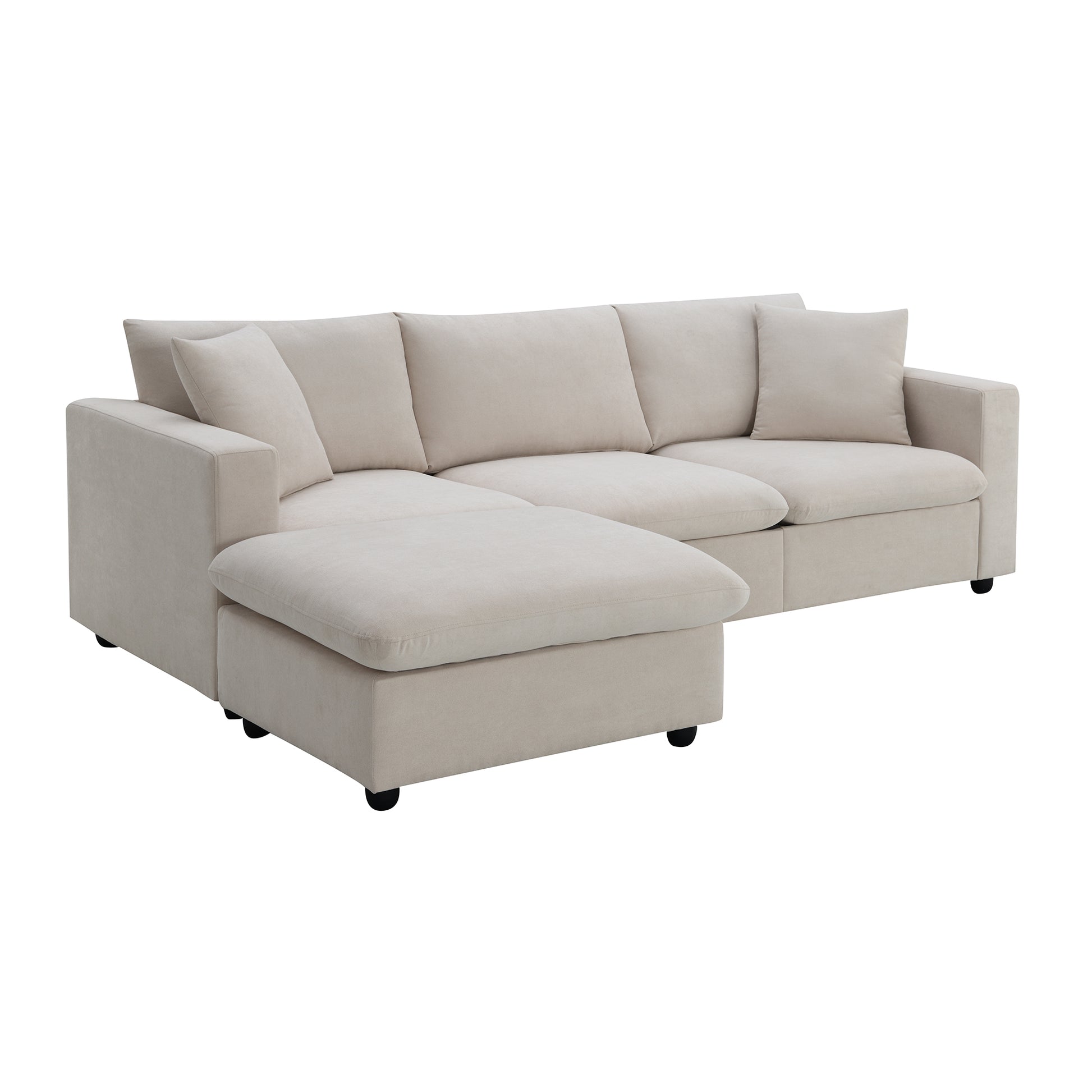 Video 101*66" Modern Sectional Sofa With Throw Pillows,Cloud L Shaped Couch Set With Wide Seat,4 Seat Polyester Comfy Fabric Couch Set With Movable Ottoman For Living Room, Apartment, Office,4