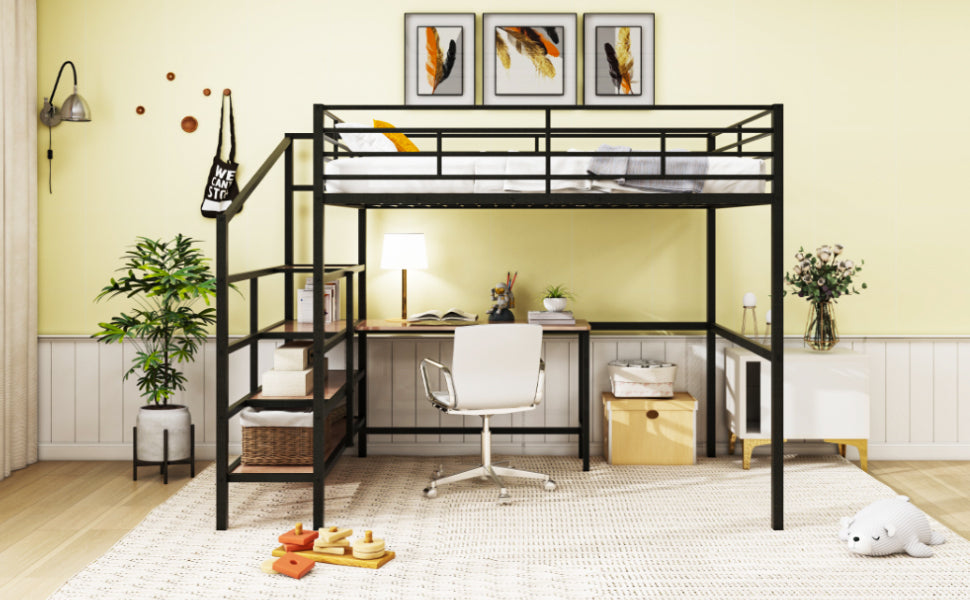 Full Size Metal Loft Bed With Desk And Lateral Storage Ladder, Black Black Metal