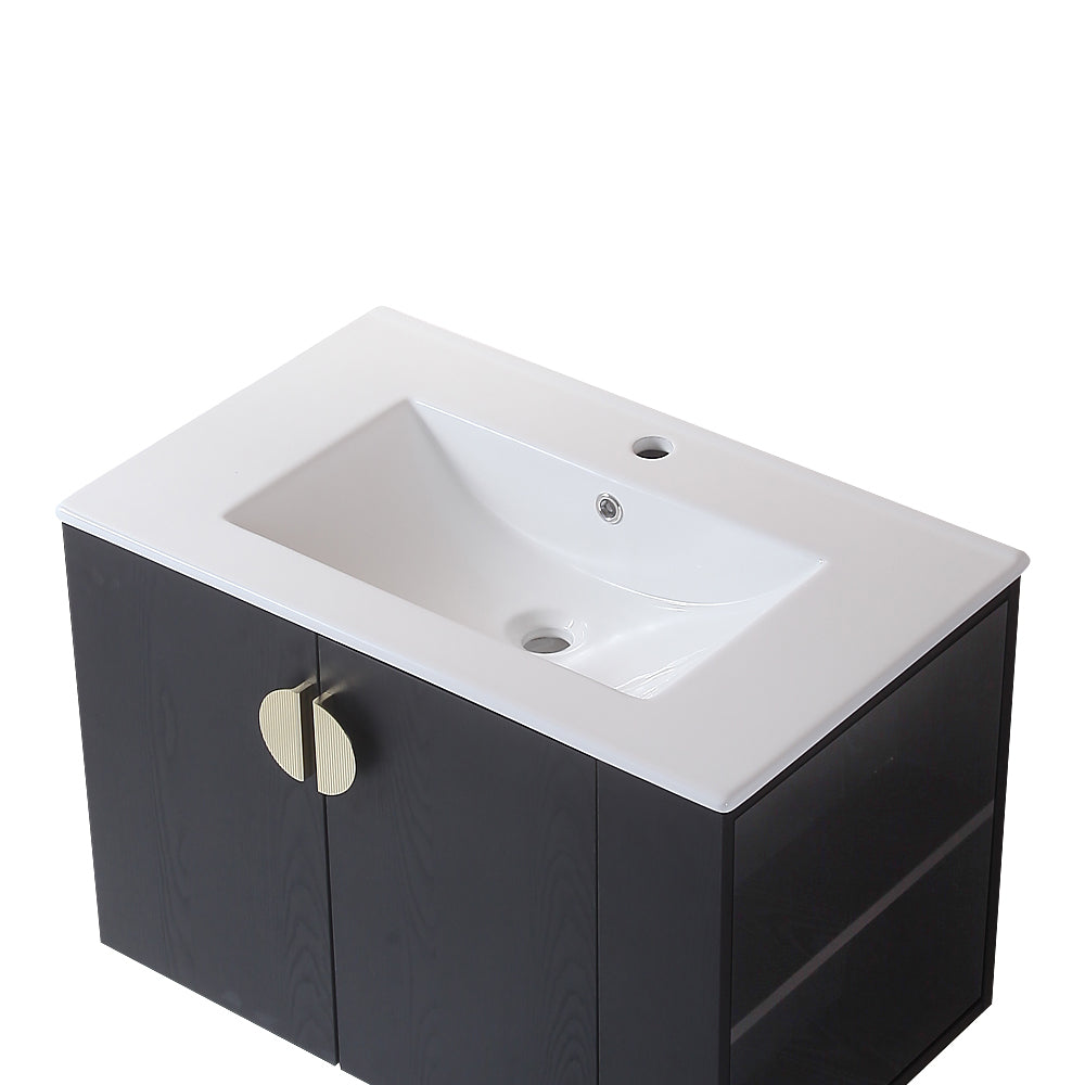 30" Bathroom Vanity With Sink,With Two Doors Cabinet Bathroom Vanity Set With Side Right Open Storage Shelf,Solid Wood,Excluding Faucets,Black Black Solid Wood