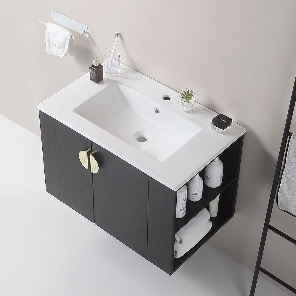 30" Bathroom Vanity With Sink,With Two Doors Cabinet Bathroom Vanity Set With Side Right Open Storage Shelf,Solid Wood,Excluding Faucets,Black Black Solid Wood