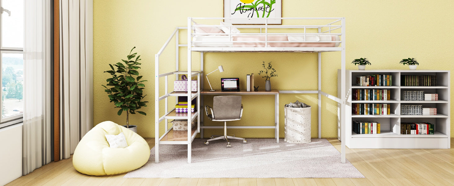 Full Size Metal Loft Bed With Desk And Lateral Storage Ladder, White White Metal