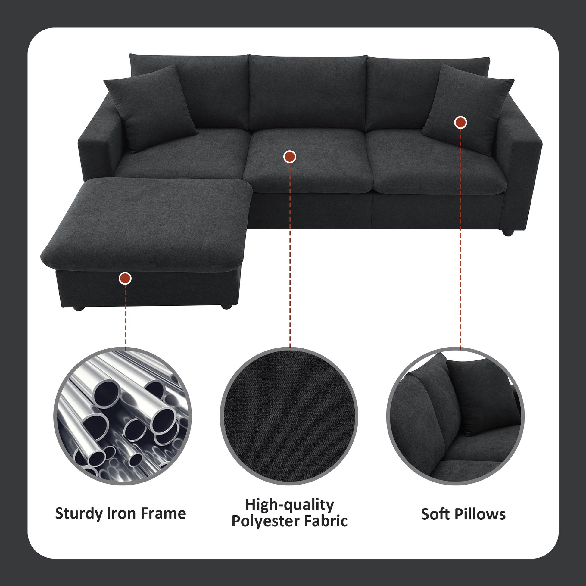 100.4*64.6" Modern Sectional Sofa,L Shaped Couch Set With 2 Free Pillows,4 Seat Polyester Fabric Couch Set With Convertible Ottoman For Living Room, Apartment, Office,4 Colors Black Polyester 3 Seat