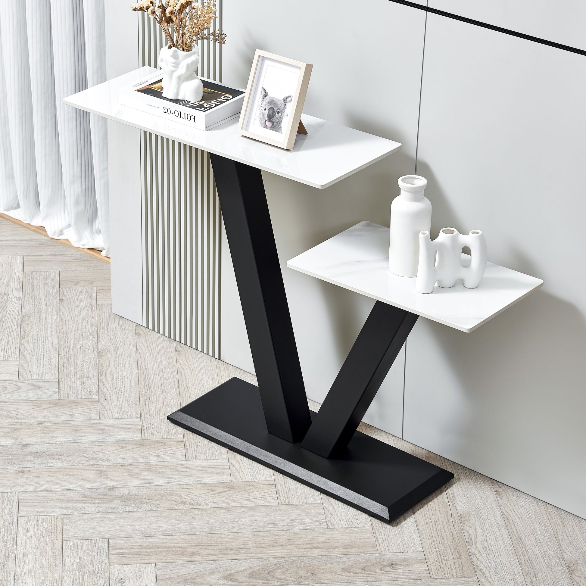 47.2"Modern Console Table, Exquisite Shape Design, Metal Frame With Adjustable Foot Pads For Entrance, Corridor, Living Room & Office. Black Black Metal & Wood Metal & Wood