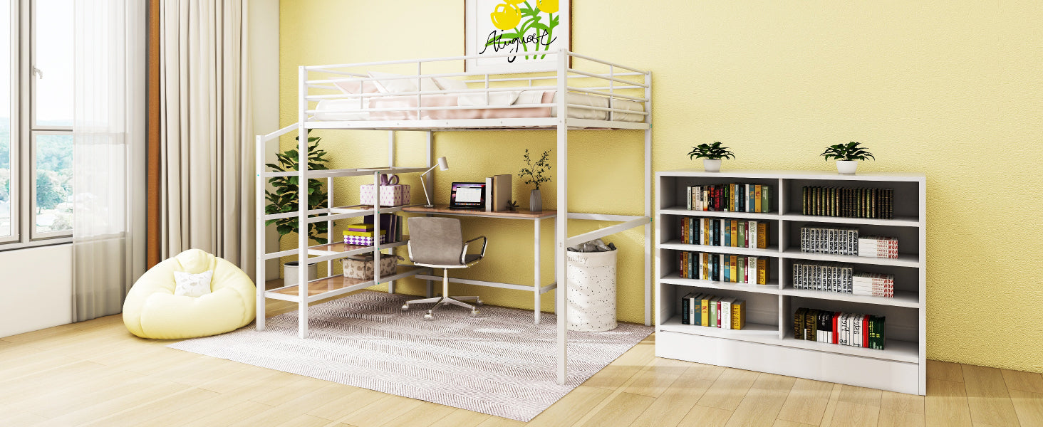 Full Size Metal Loft Bed With Desk And Lateral Storage Ladder, White White Metal