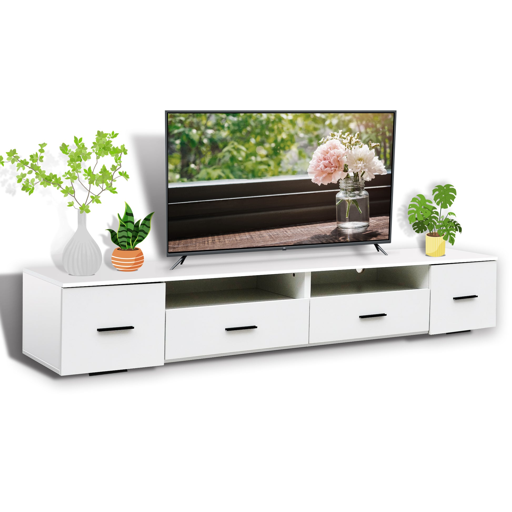 White Tv Stand For Living Room, Modern Entertainment Center Stand For Tv Up To 90 Inch, Large Led Tv Stand With 4 Storage Drawers, High Glossy Waterproof Tv Console, Tv Table Media Furniture White Particle Board