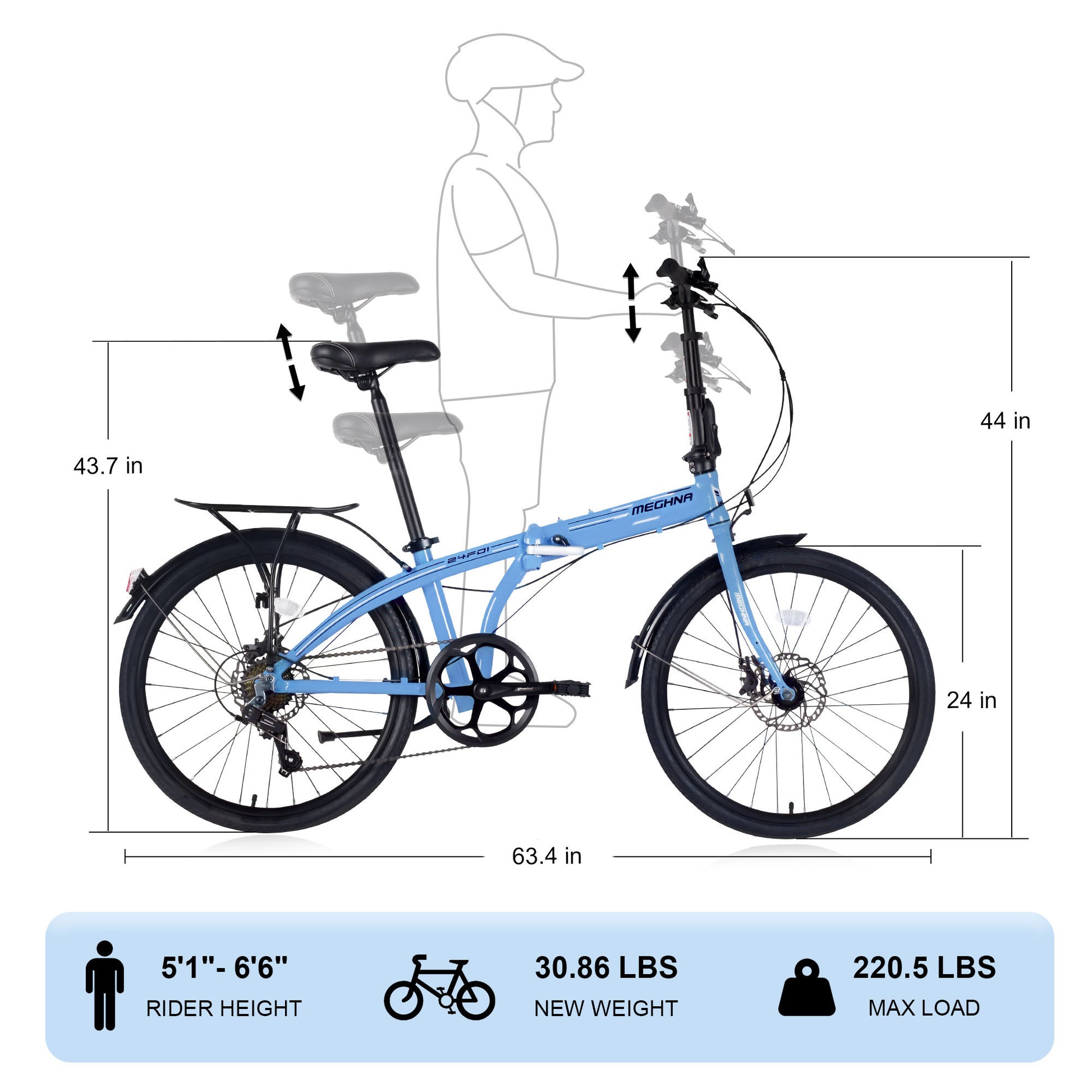 24" Folding City Bike Aluminum Frame 7 Speed Folding Bike Cycling Blue Garden & Outdoor American Design Aluminium Alloy