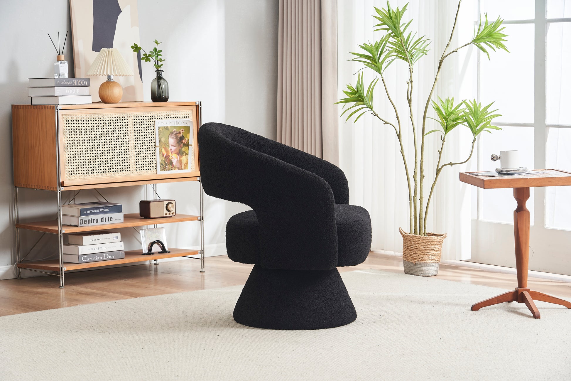 Swivel Accent Chair Armchair, Round Barrel Chair In Fabric For Living Room Bedroom,Black Teddy Black Foam Faux Fur