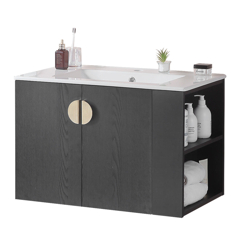 30" Bathroom Vanity With Sink,With Two Doors Cabinet Bathroom Vanity Set With Side Right Open Storage Shelf,Solid Wood,Excluding Faucets,Black Black Solid Wood