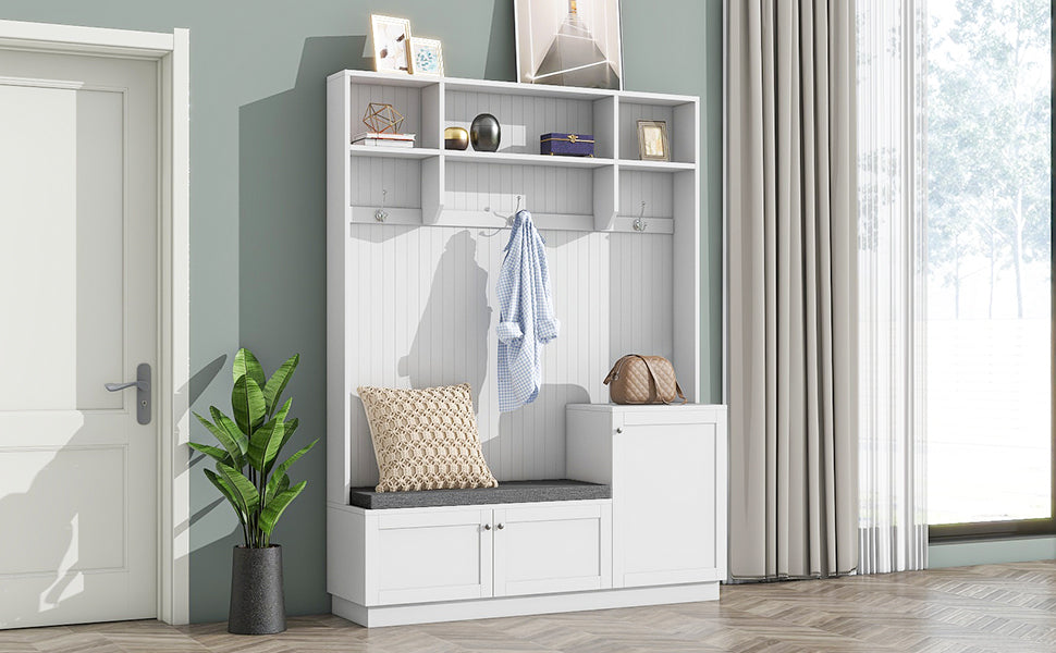 Elegant Design Hall Tree With Comfort And Storage Solutions, Functional Hallway Shoe Cabinet With Bench&Cushion, Modern Coat Rack With Hooks For Entryways, White Cushioned White Primary Living Space Mdf