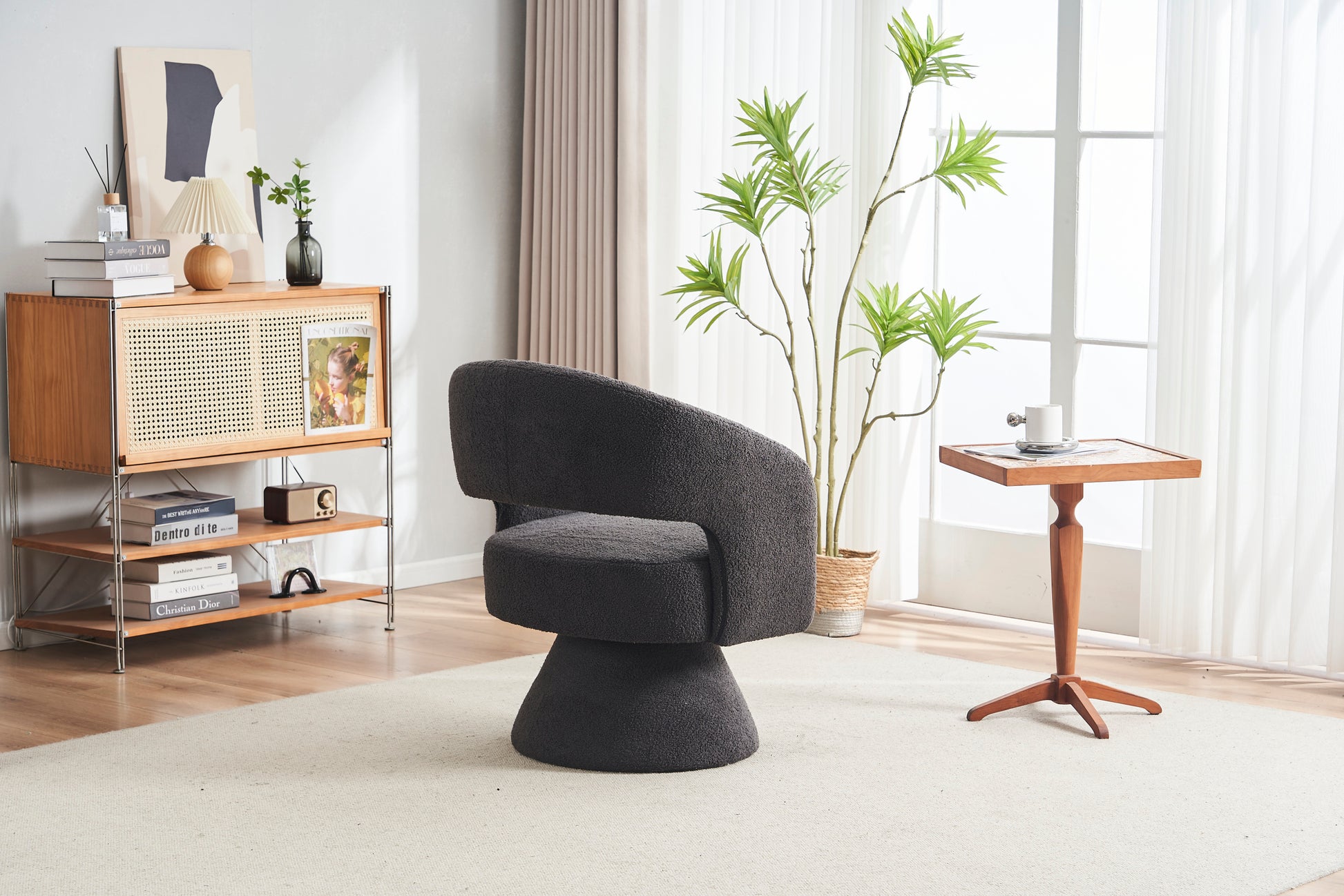 Swivel Accent Chair Armchair, Round Barrel Chair In Fabric For Living Room Bedroom,Grey Teddy Grey Teddy Foam Faux Fur