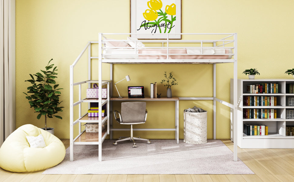 Full Size Metal Loft Bed With Desk And Lateral Storage Ladder, White White Metal