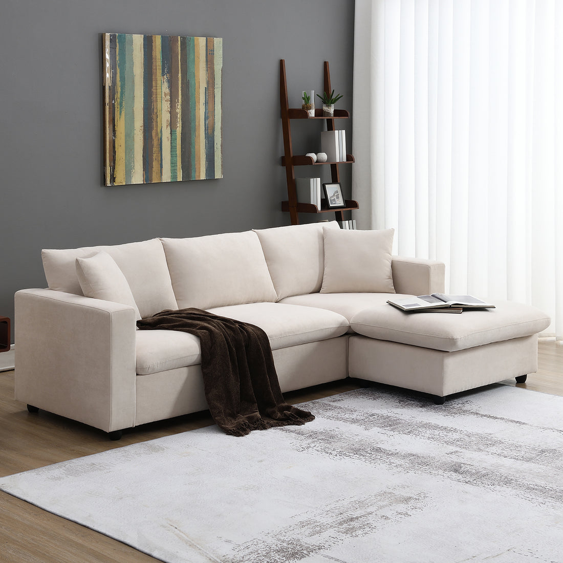 100.4*64.6" Modern Sectional Sofa,L Shaped Couch Set With 2 Free Pillows,4 Seat Polyester Fabric Couch Set With Convertible Ottoman For Living Room, Apartment, Office,4 Colors Beige Polyester 3 Seat