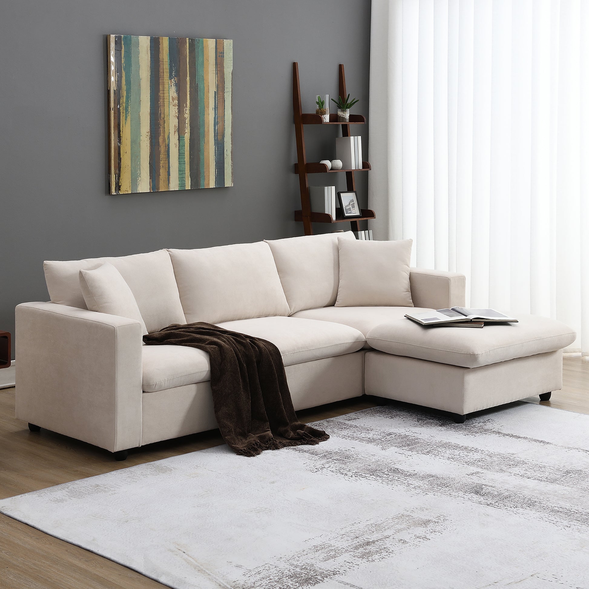 Video 101*66" Modern Sectional Sofa With Throw Pillows,Cloud L Shaped Couch Set With Wide Seat,4 Seat Polyester Comfy Fabric Couch Set With Movable Ottoman For Living Room, Apartment, Office,4