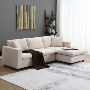 Video 101*66" Modern Sectional Sofa With Throw Pillows,Cloud L Shaped Couch Set With Wide Seat,4 Seat Polyester Comfy Fabric Couch Set With Movable Ottoman For Living Room, Apartment, Office,4
