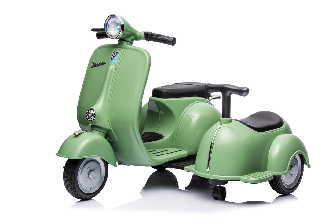 6V Licensed Vespa Scooter Motorcycle With Side Car For Kids, Green Green Under 50 Lbs Chrome