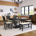 6 Piece Wood Half Round Dining Table Set Kitchen Table Set With Long Bench And 4 Dining Chairs, Modern Style, Gray Gray Wood Dining Room Bench Seating Rubberwood Rectangular Dining Table With Chair And Bench Upholstered Chair Wood Gray Solid Back Seats 6