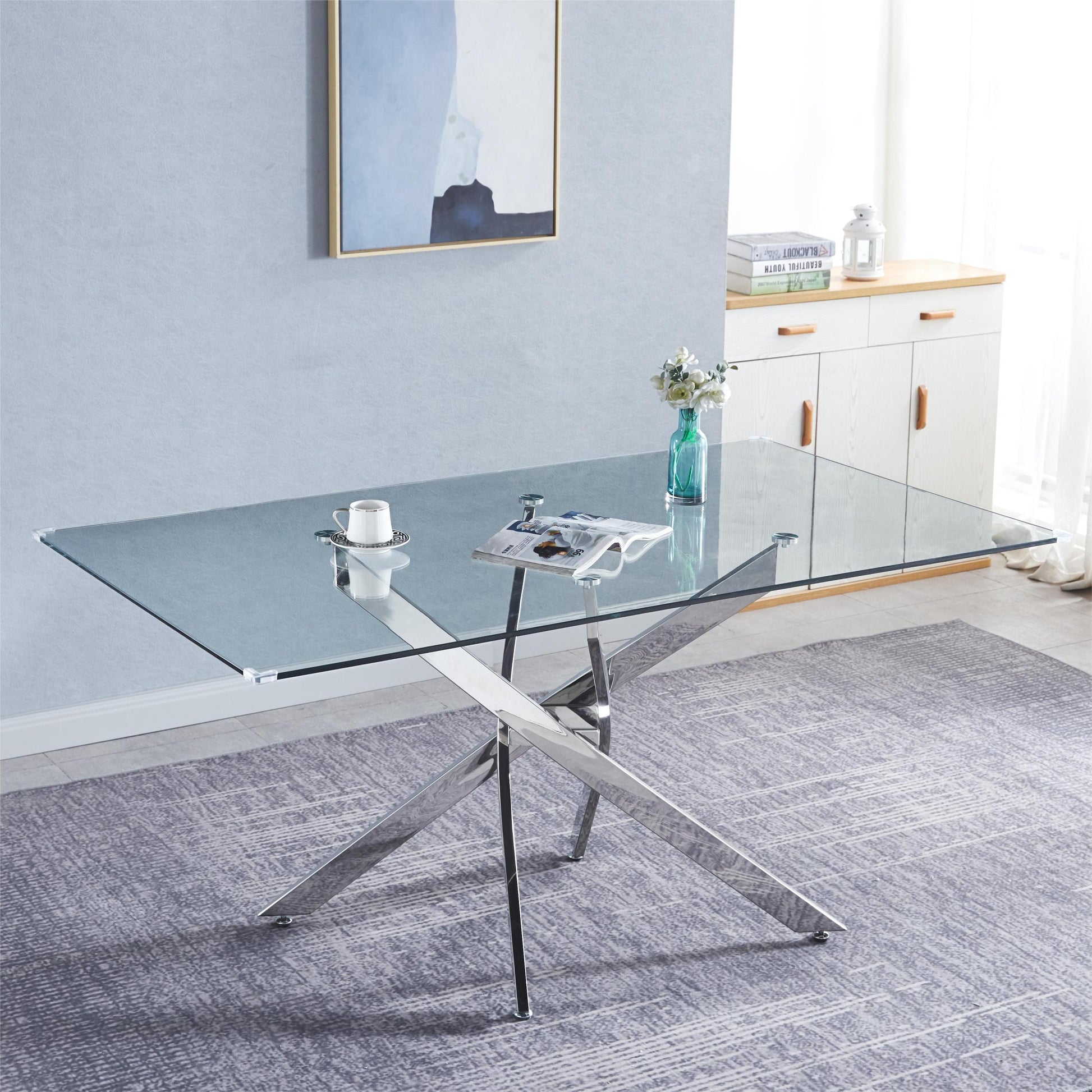 Rectangular Tempered Glass Dining Table, Modern Dining Room Interior Design, For 6 People Silver Glass