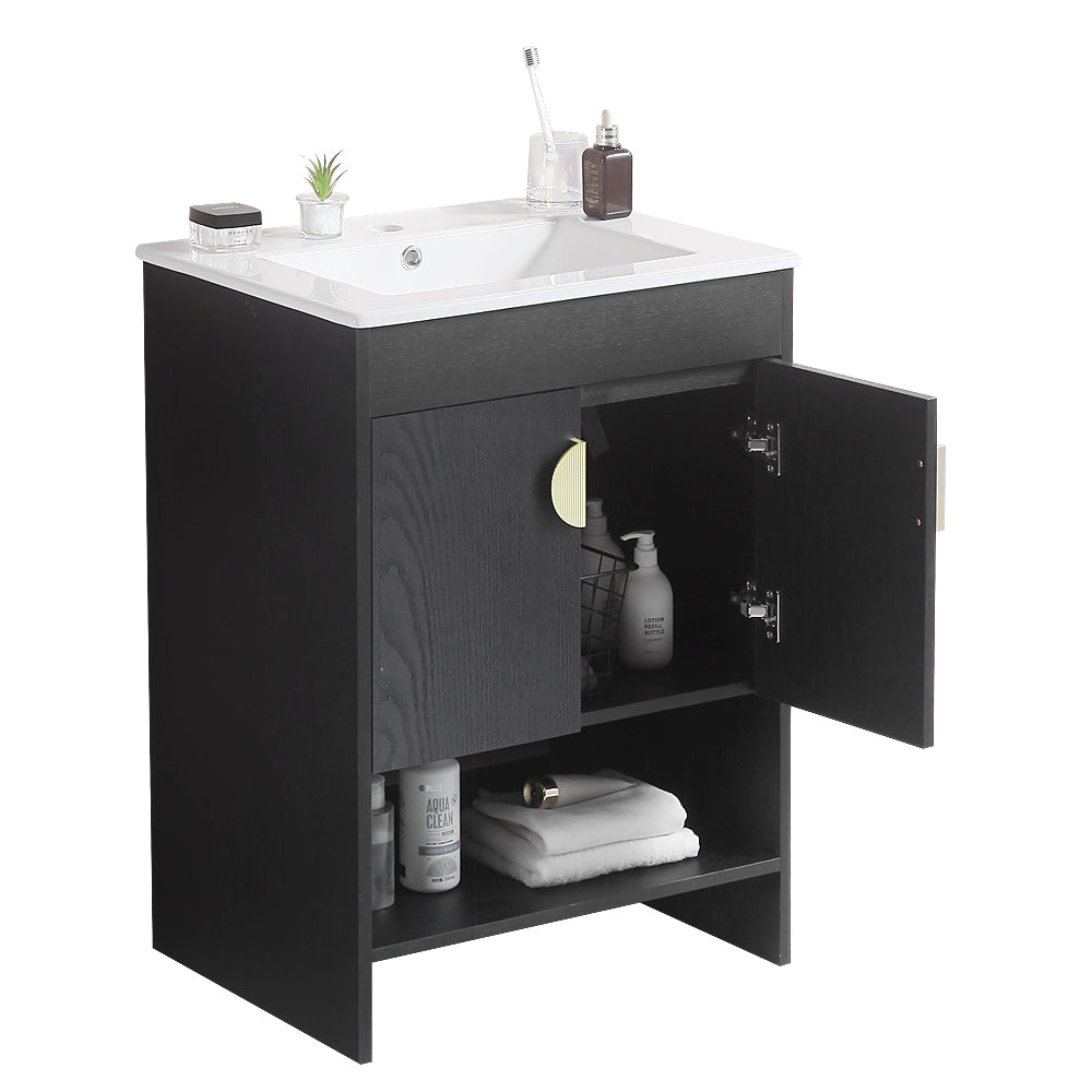 24" Bathroom Vanity,With White Ceramic Basin,Two Cabinet Doors Withmetal Handle ,Solid Wood,Excluding Faucets,Black Black Solid Wood