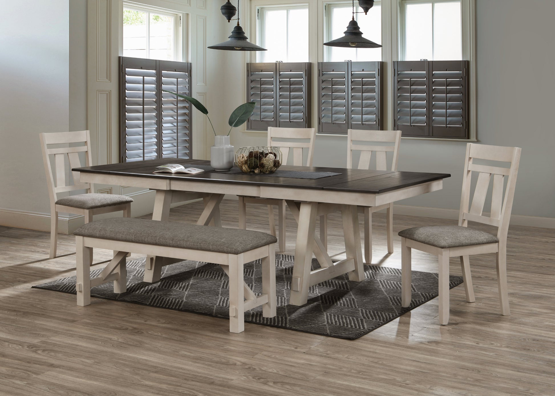 7Pc Cottage Style Extendable Dining Table Set Chalk Gray Tow Tone Finish Upholstered Chair Dining Room Wooden Furniture Two Self Storing Refectory Leaves Solid Wood Wood Wood Cream Seats 6 Wood Dining Room Transitional Rectangular Dining Table With Chair