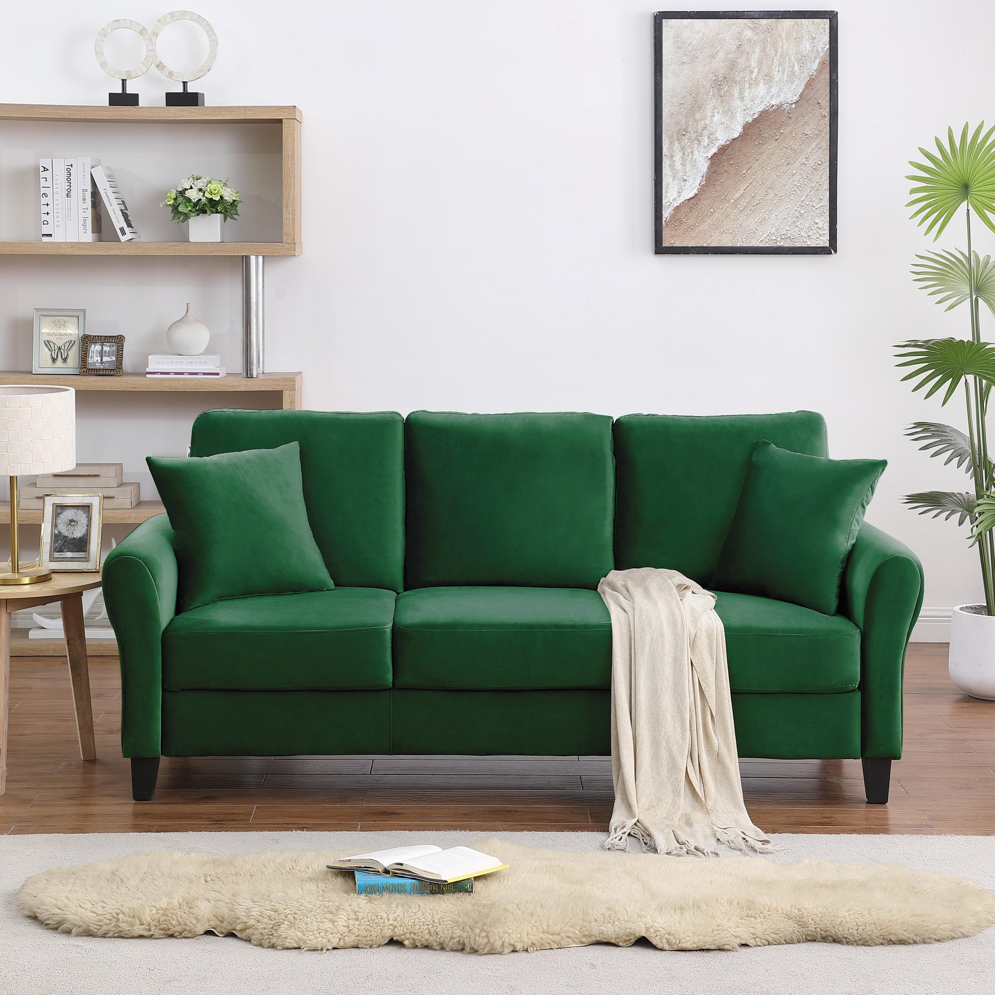 Video Modern Velvet Couch With 2 Pillow, 78 Inch Width Living Room Furniture, 3 Seater Sofa With Plastic Legs Green Velvet