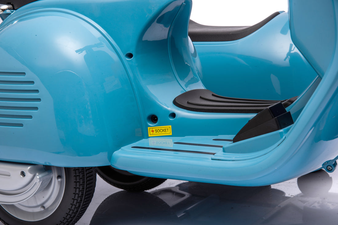 6V Licensed Vespa Scooter Motorcycle With Side Car For Kids, Blue Blue Chrome