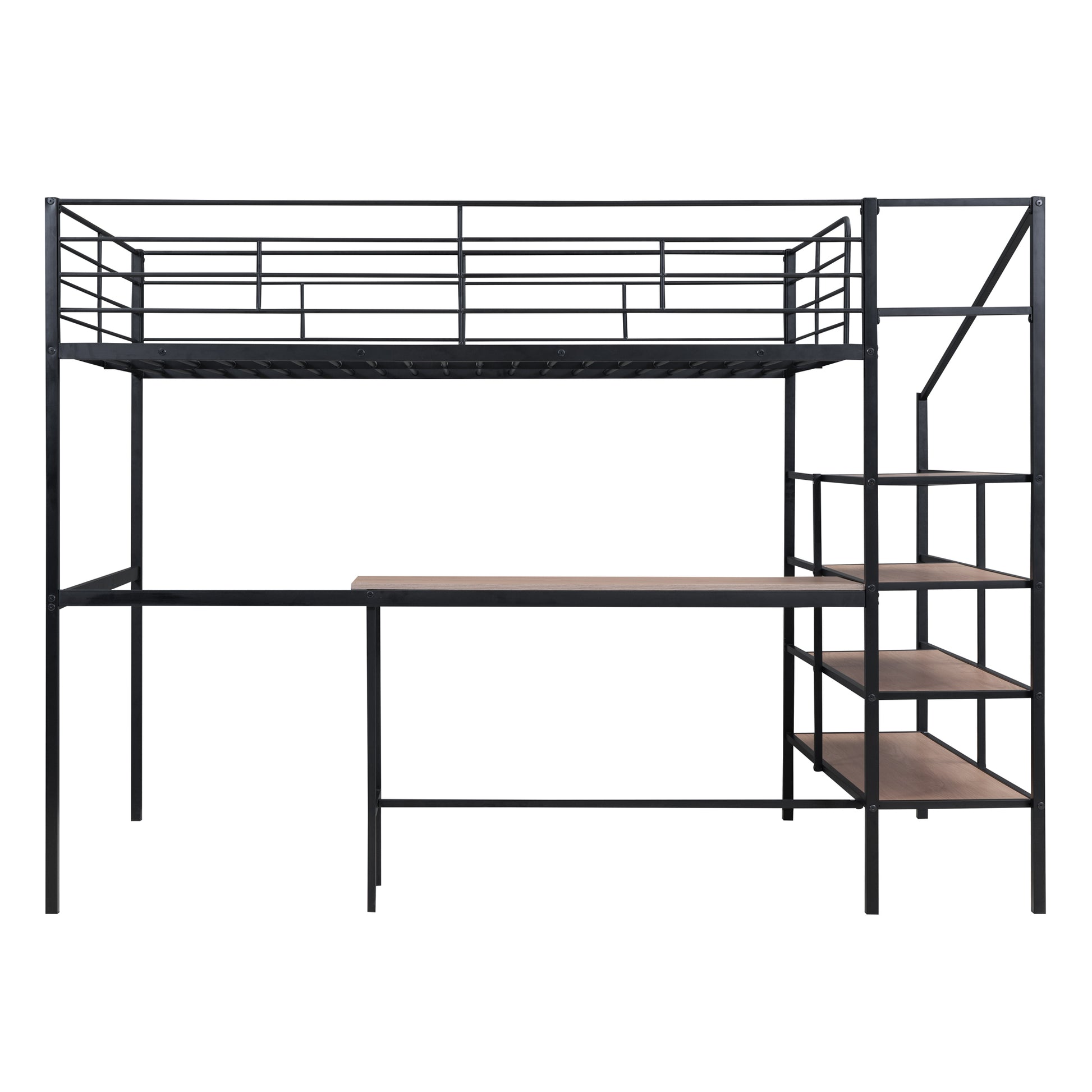 Full Size Metal Loft Bed With Desk And Lateral Storage Ladder, Black Black Metal