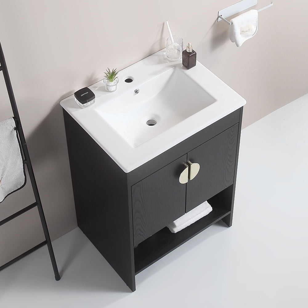 24" Bathroom Vanity,With White Ceramic Basin,Two Cabinet Doors Withmetal Handle ,Solid Wood,Excluding Faucets,Black Black Solid Wood