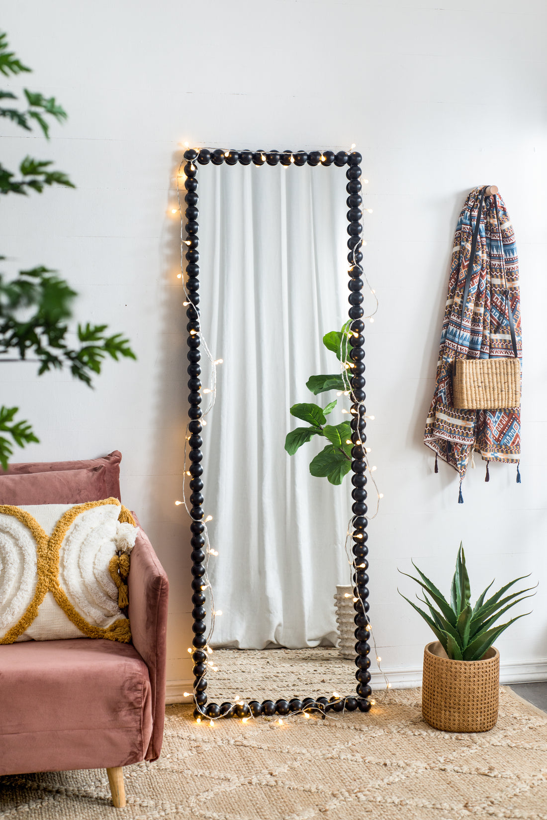 23" X 72" Full Length Mirror With Metal Beaded Frame, Rectangular Oversized Mirror For Living Room Bedroom, Black Black Iron