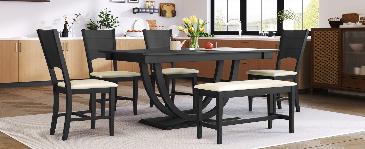6 Piece Wood Half Round Dining Table Set Kitchen Table Set With Long Bench And 4 Dining Chairs, Modern Style, Gray Gray Wood Dining Room Bench Seating Rubberwood Rectangular Dining Table With Chair And Bench Upholstered Chair Wood Gray Solid Back Seats 6