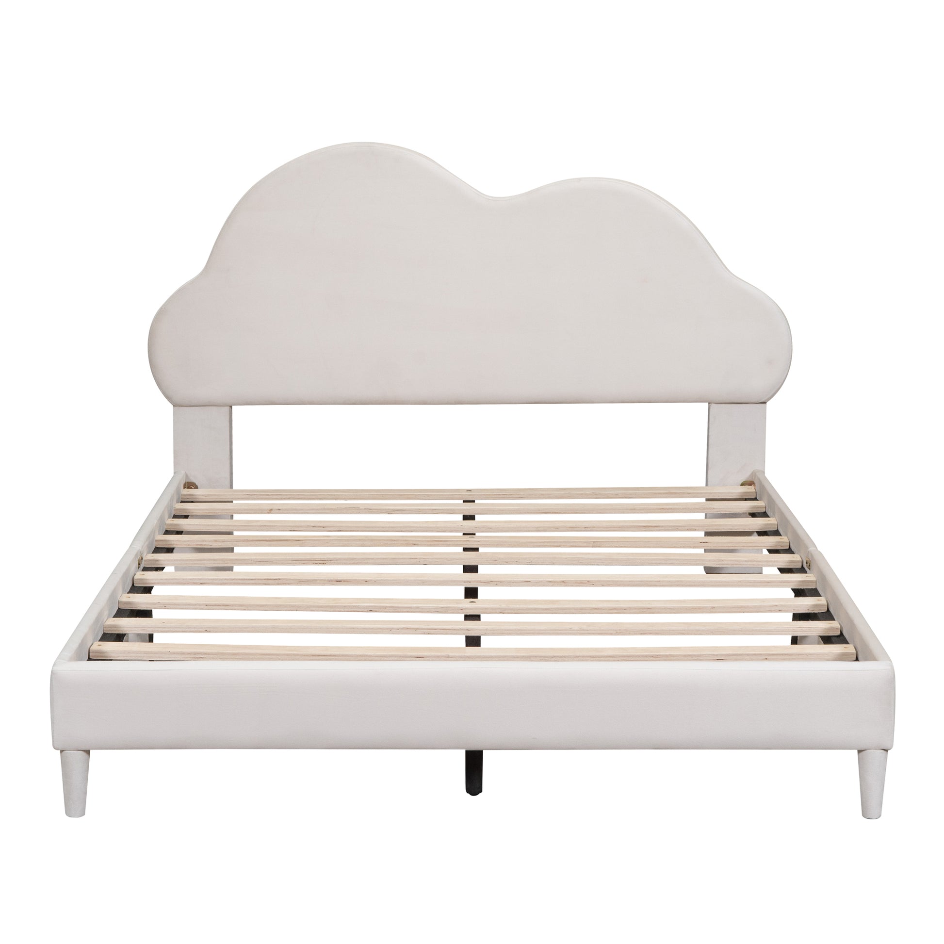 Full Size Upholstered Cloud Shape Bed ,Velvet Platform Bed With Headboard,No Box Spring Needed,Beige Beige Velvet