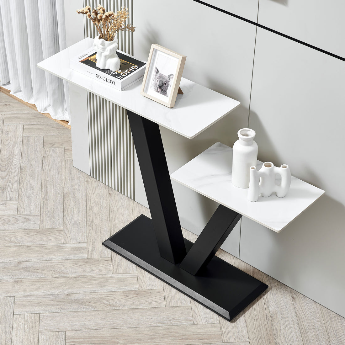 47.2"Modern Console Table, Exquisite Shape Design, Metal Frame With Adjustable Foot Pads For Entrance, Corridor, Living Room & Office. Black Black Metal & Wood Metal & Wood