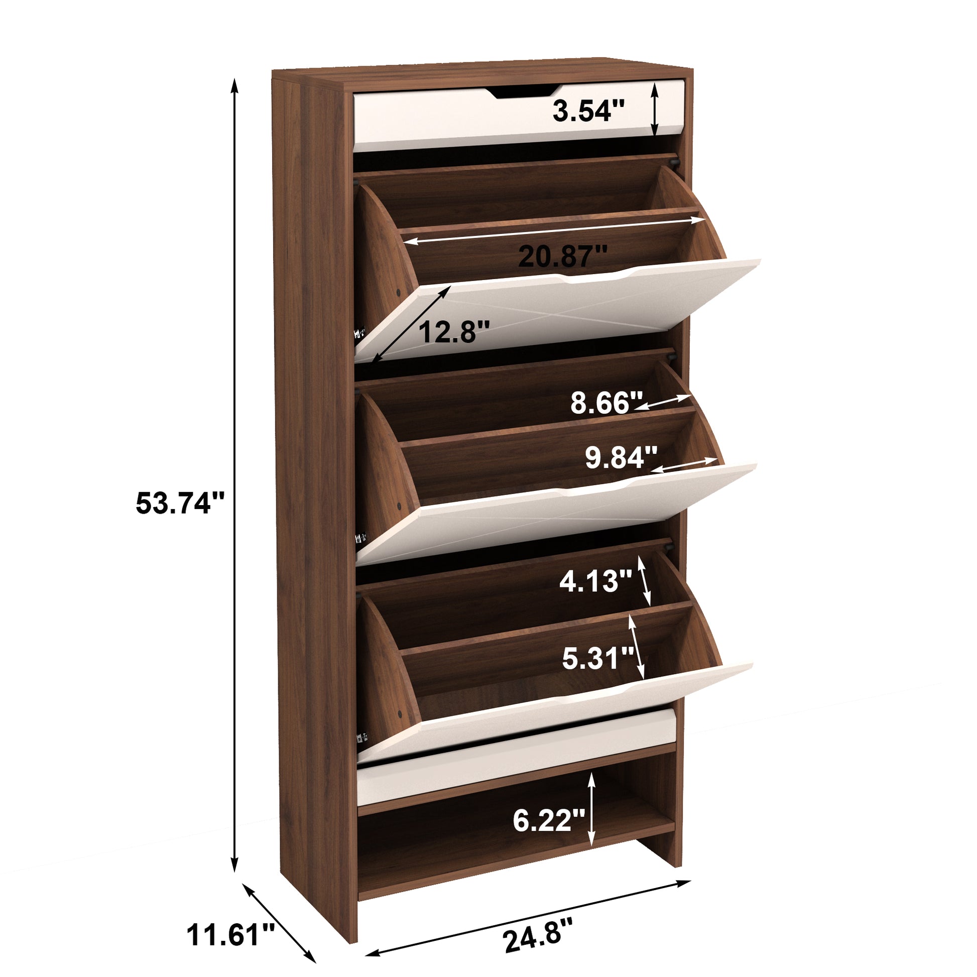 3 Tier Shoe Storage Cabinet With Draders For Entryway,Bedroom,Flip Door Design Shoe Cabinet White Walnut Mdf