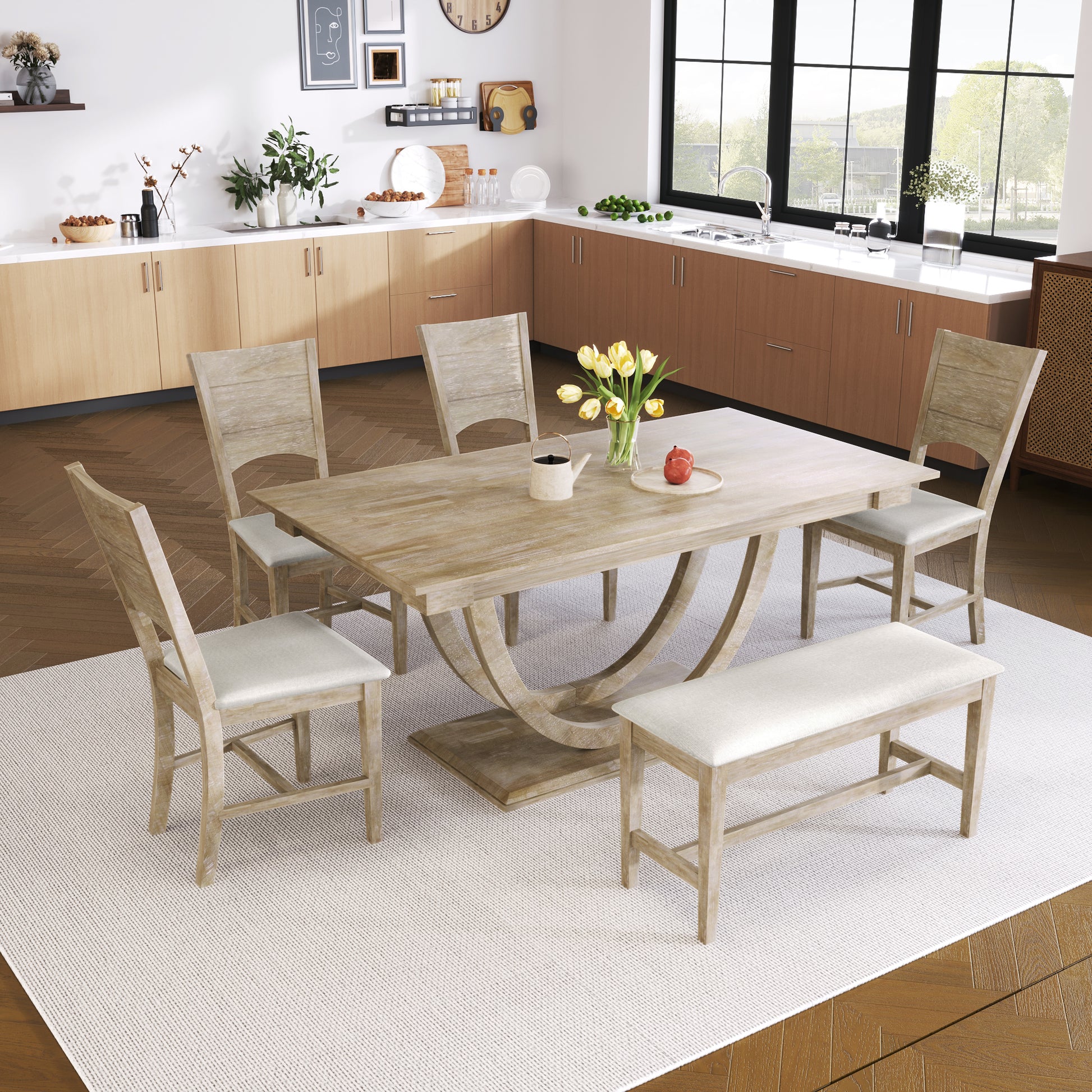 6 Piece Wood Half Round Dining Table Set Kitchen Table Set With Long Bench And 4 Dining Chairs, Modern Style, Natural Wood Dining Room Bench Seating Rubberwood Rectangular Dining Table With Chair