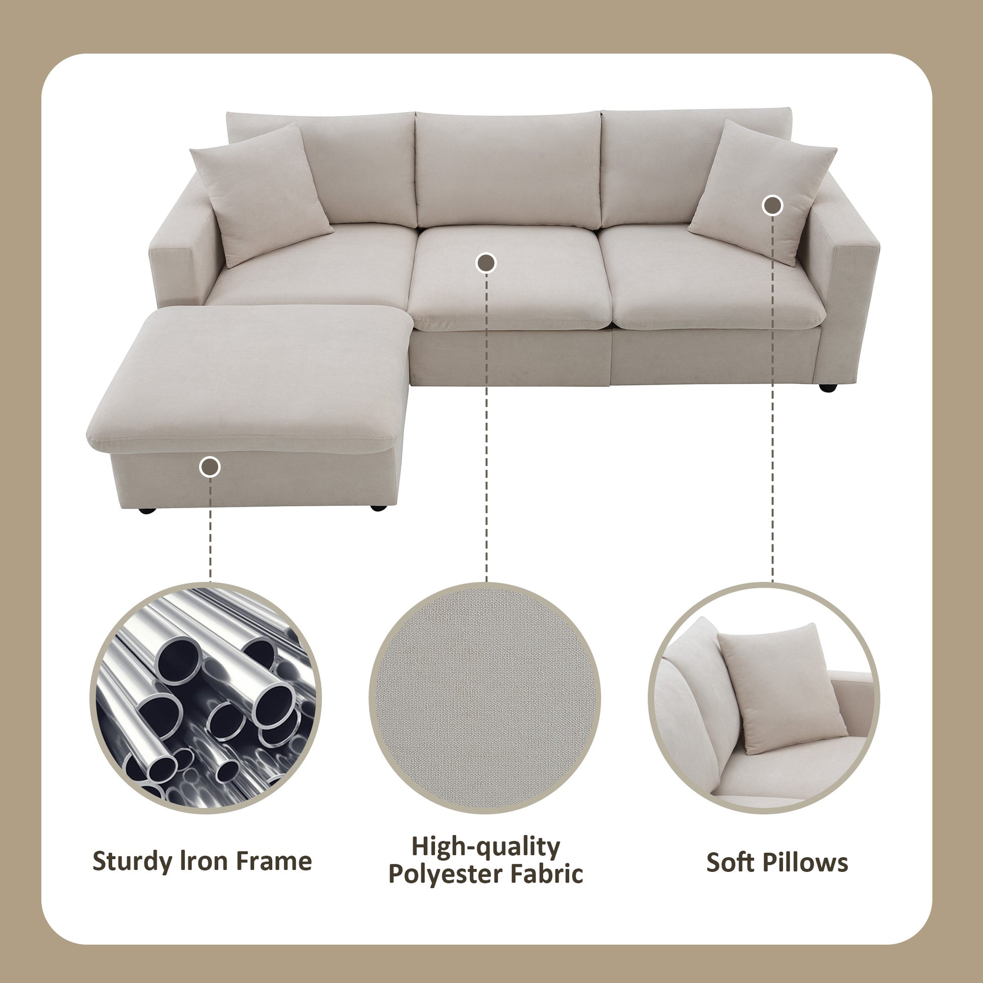 100.4*64.6" Modern Sectional Sofa,L Shaped Couch Set With 2 Free Pillows,4 Seat Polyester Fabric Couch Set With Convertible Ottoman For Living Room, Apartment, Office,4 Colors Beige Polyester 3 Seat