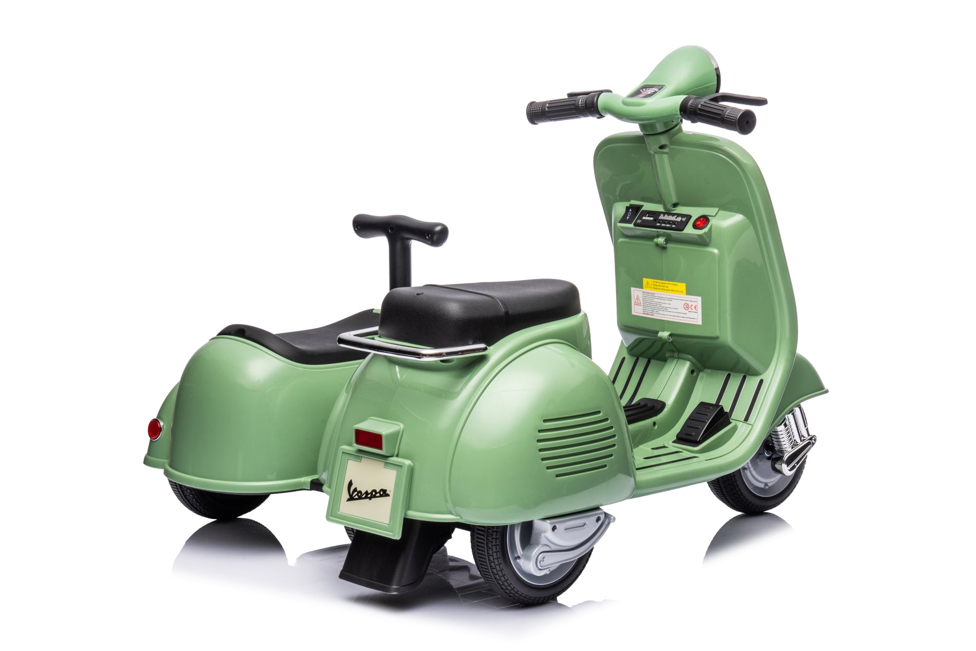 6V Licensed Vespa Scooter Motorcycle With Side Car For Kids, Green Green Under 50 Lbs Chrome