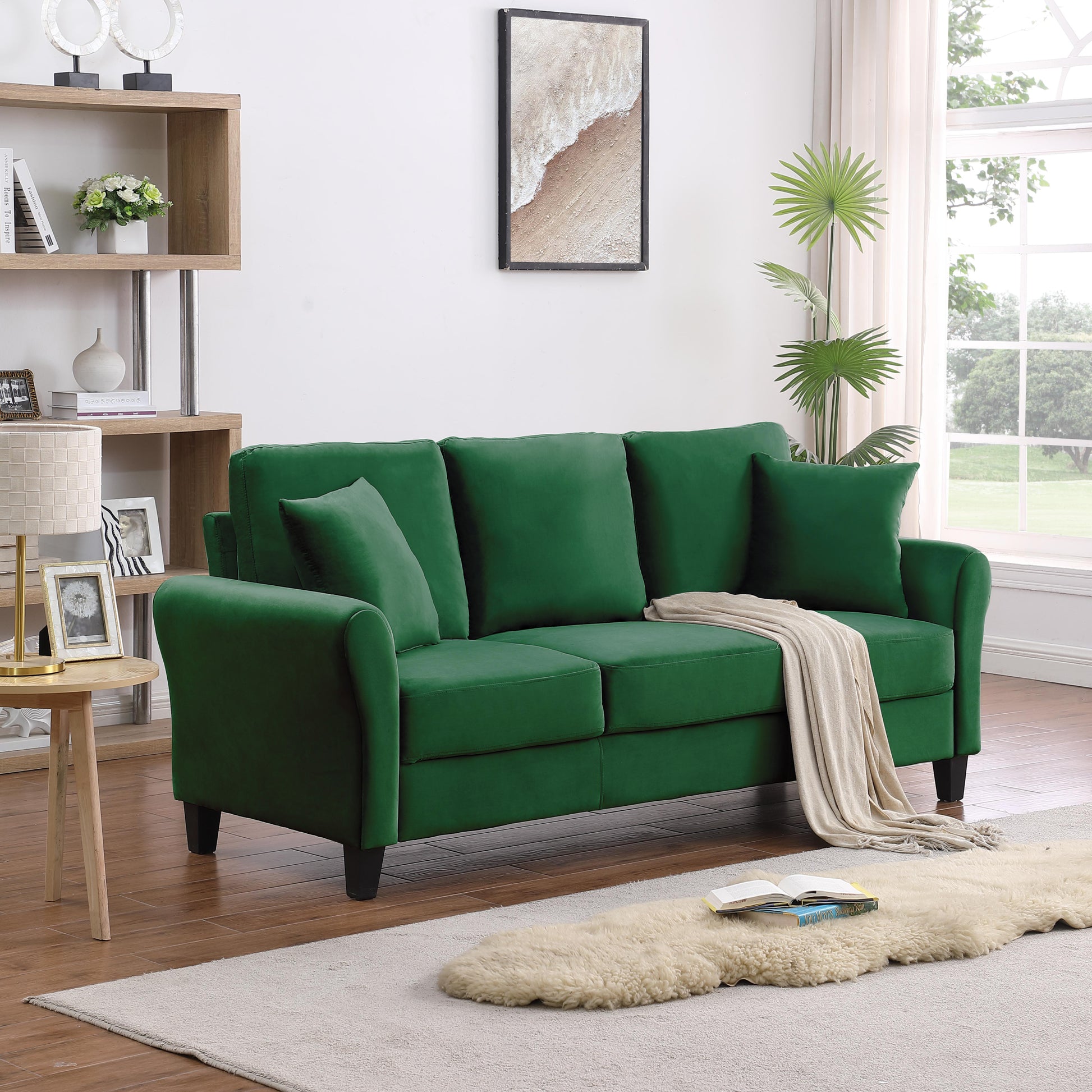 Video Modern Velvet Couch With 2 Pillow, 78 Inch Width Living Room Furniture, 3 Seater Sofa With Plastic Legs Green Velvet