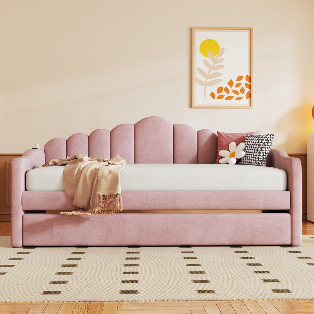 Twin Size Upholstered Daybed With Trundle ,Velvet Sofabed With Usb Charging Ports,No Box Spring Needed,Pink Twin Pink Velvet