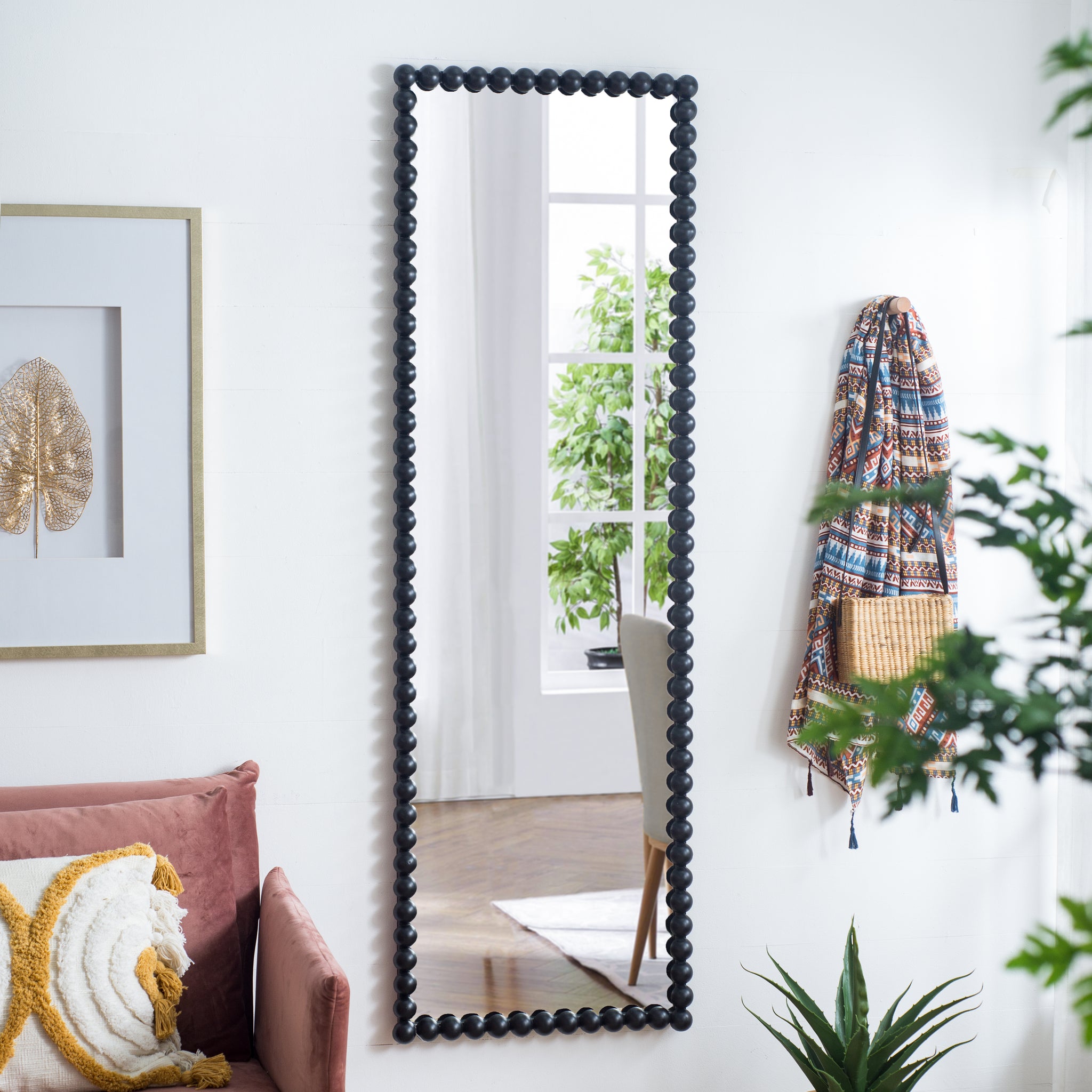 23" X 72" Full Length Mirror With Metal Beaded Frame, Rectangular Oversized Mirror For Living Room Bedroom, Black Black Iron