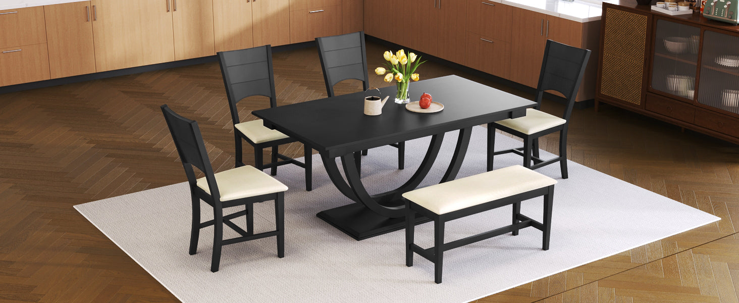 6 Piece Wood Half Round Dining Table Set Kitchen Table Set With Long Bench And 4 Dining Chairs, Modern Style, Gray Gray Wood Dining Room Bench Seating Rubberwood Rectangular Dining Table With Chair And Bench Upholstered Chair Wood Gray Solid Back Seats 6