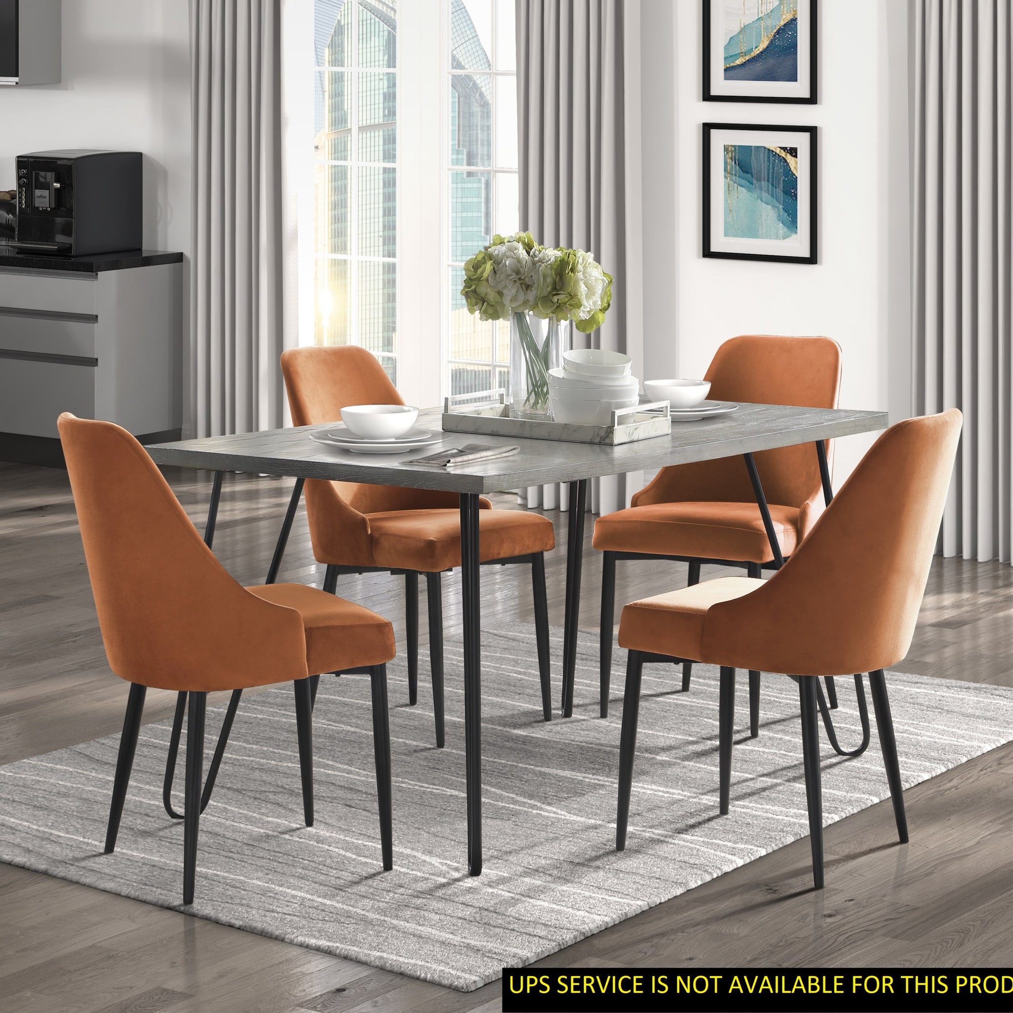 Modern Sleek Design 5Pc Dining Set Table And 4X Side Chairs Orange Velvet Casual Metal Frame Stylish Dining Furniture Wood Orange Dining Room 60 Inches Casual,Modern Rectangular Dining Table With Chair Metal